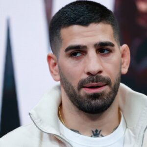 Ilia Topuria looks on during the Presentation of WOW, with Movistar Plus and Ilia Topuria at Movistar eSports Center on March 27, 2025, in Madrid, Spain.