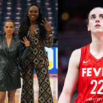 Left: ESPN analysts Andraya Carter (L), Elle Duncan (C) and Chiney Ogwumike; Right: Caitlin Clark