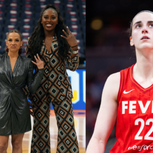 Left: ESPN analysts Andraya Carter (L), Elle Duncan (C) and Chiney Ogwumike; Right: Caitlin Clark