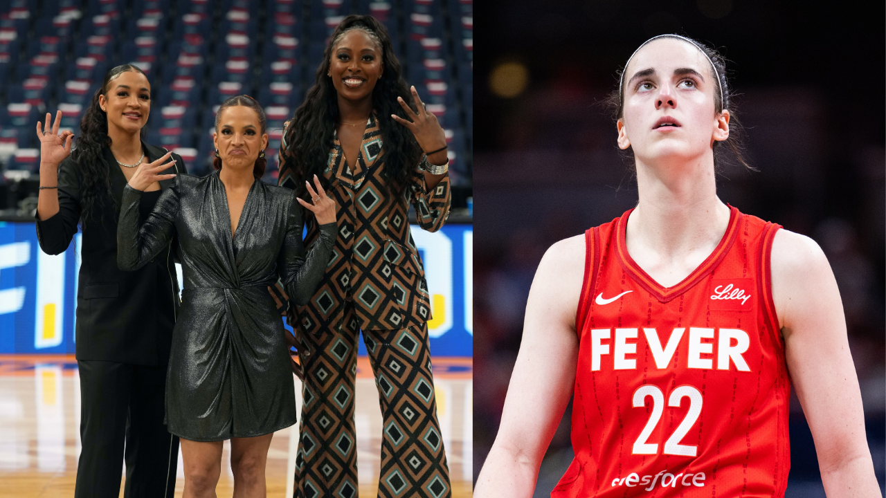 Left: ESPN analysts Andraya Carter (L), Elle Duncan (C) and Chiney Ogwumike; Right: Caitlin Clark