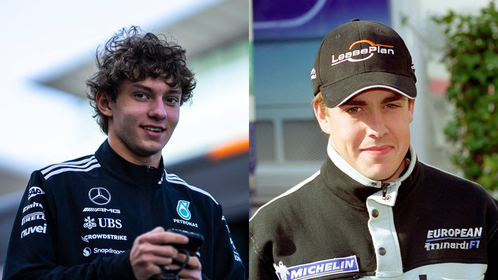 Kimi Antonelli (L) and Fernando Alonso in 2001 (R)