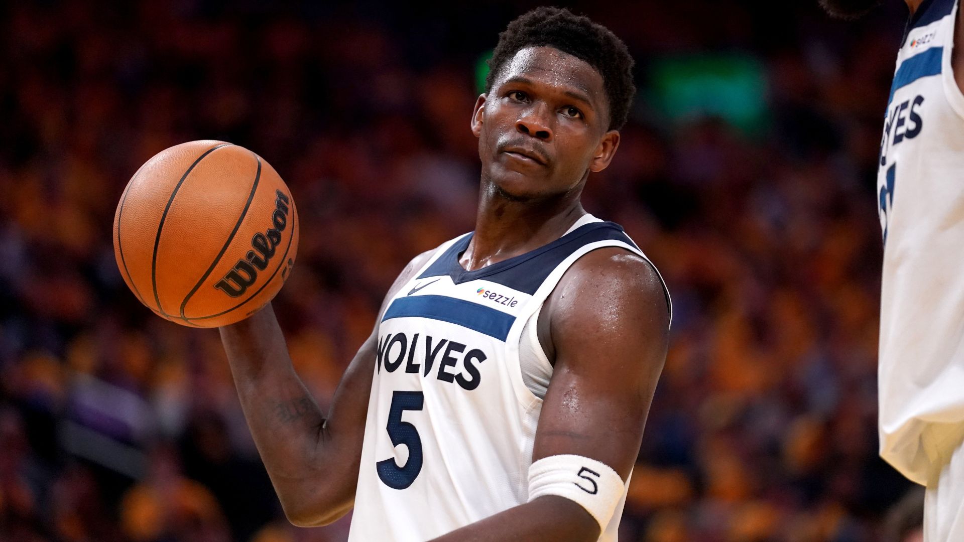 May 12, 2025; San Francisco, California, USA; Minnesota Timberwolves guard Anthony Edwards (5) holds onto the ball after being called for a foul against the Golden State Warriors in the third quarter during game four of the second round for the 2025 NBA Playoffs at Chase Center.