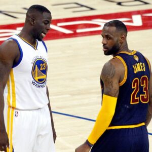 Golden State Warriors forward Draymond Green (23) and Cleveland Cavaliers forward LeBron James (23) during the second quarter in game one of the NBA Finals at Oracle Arena.
