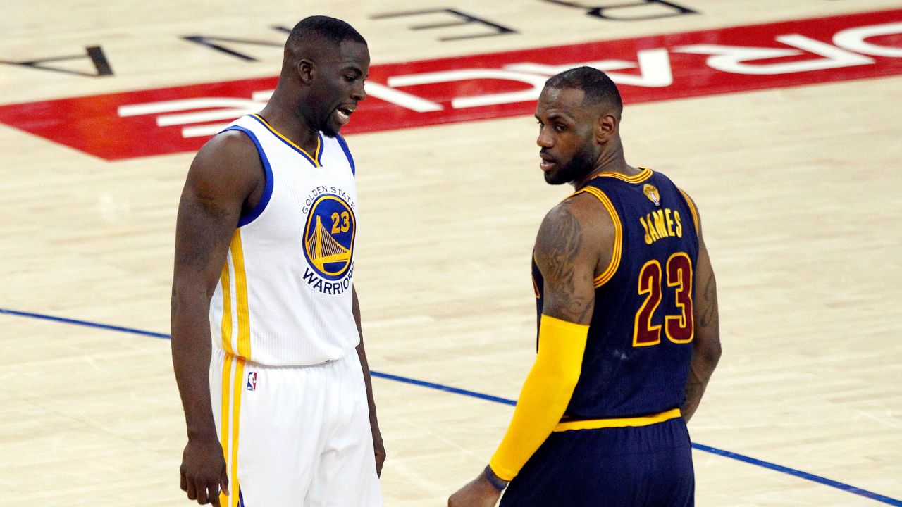 Golden State Warriors forward Draymond Green (23) and Cleveland Cavaliers forward LeBron James (23) during the second quarter in game one of the NBA Finals at Oracle Arena.