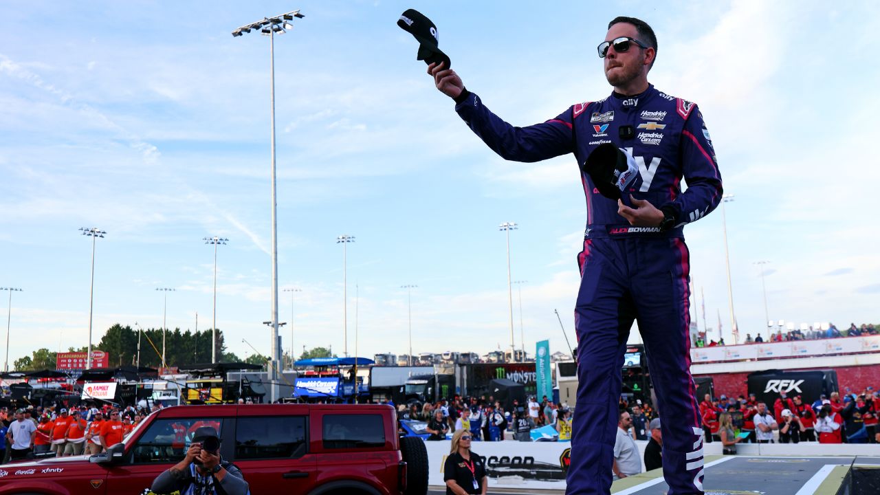 NASCAR Cup Series driver Alex Bowman (48) is introduced before the NASCAR All-Star Open at North Wilkesboro Speedway.