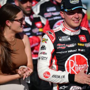 NASCAR Cup Series driver Christopher Bell (20) celebrates his victory of the Shriners Childrens 500 with wife Morgan Bell at Phoenix Raceway.