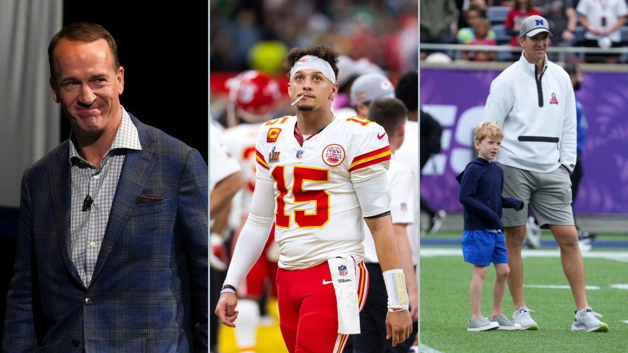 Peyton Manning (L), Patrick Mahomes (M) and Eli Manning(R).