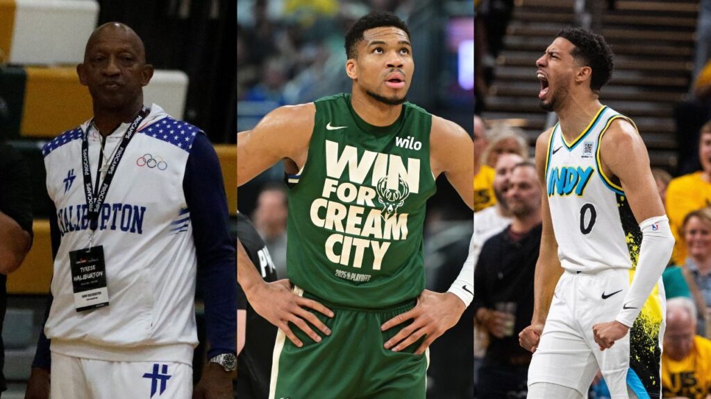 John Haliburton(L), Giannis Antetokounmpo(Center), and Tyrese Haliburton(R)
