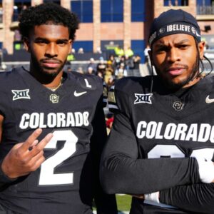 Nov 29, 2024; Boulder, Colorado, USA; Colorado Buffaloes quarterback Shedeur Sanders (2) and safety Shilo Sanders (21) before the game against the Oklahoma State Cowboys at Folsom Field.