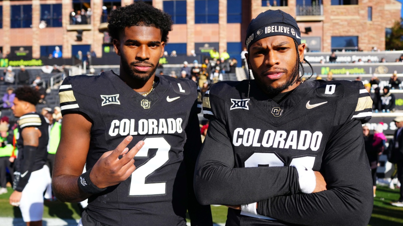 Nov 29, 2024; Boulder, Colorado, USA; Colorado Buffaloes quarterback Shedeur Sanders (2) and safety Shilo Sanders (21) before the game against the Oklahoma State Cowboys at Folsom Field.