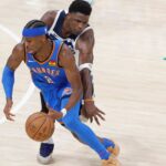 Shai Gilgeous-Alexander and Anthony Edwards, Thunder v Wolves