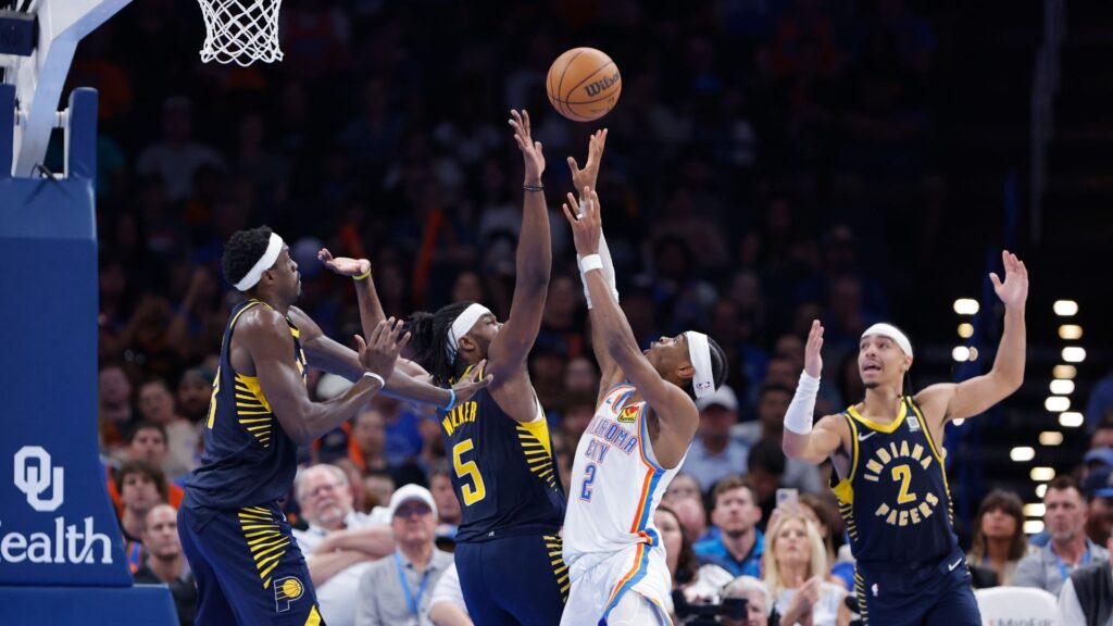 Mar 29, 2025; Oklahoma City, Oklahoma, USA; Oklahoma City Thunder guard Shai Gilgeous-Alexander (2) shoots as Indiana Pacers forward Jarace Walker (5) defends during the second half at Paycom Center.