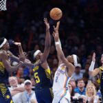 Mar 29, 2025; Oklahoma City, Oklahoma, USA; Oklahoma City Thunder guard Shai Gilgeous-Alexander (2) shoots as Indiana Pacers forward Jarace Walker (5) defends during the second half at Paycom Center.
