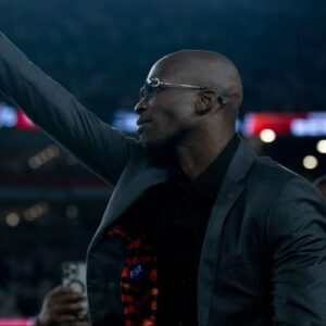 Chad Johnson waives after being announced as as being a Bengals Ring of Champions inductee at halftime of the NFL game between the Cincinnati Bengals and Los Angeles Rams at Paycor Stadium.