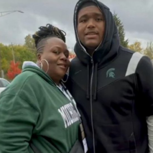 Derrick Harmon with his mom Tiffany Saine