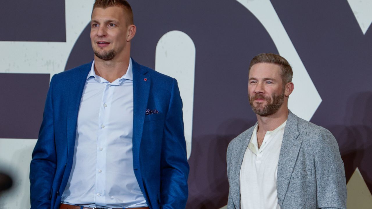 Fox NFL analyst Rob Gronkowski and kickoff analyst Julian Edelman during a Fox Sports media party in advance of Super Bowl LIX at Convention Center.