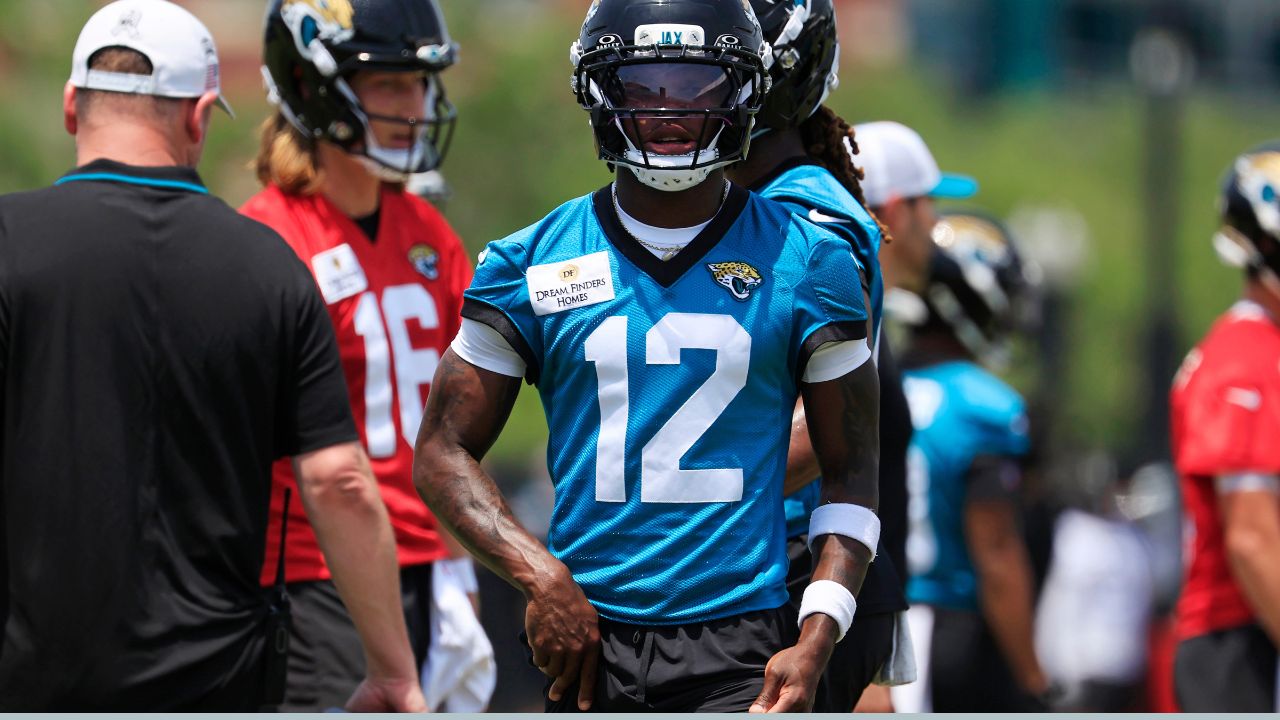 Jacksonville Jaguars wide receiver Travis Hunter (12) walks to his lane during the first organized team activity at Miller Electric Center Monday, May 19, 2025 in Jacksonville, Fla.