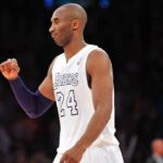 Los Angeles Lakers shooting guard Kobe Bryant (24) celebrates the 100-94 victory against the New York Knicks at Staples Center.