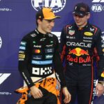 Oscar Piastri of McLaren and Max Verstappen of Red Bull Racing after qualifying ahead of the Formula 1 Saudi Arabian Grand Prix at Jeddah Corniche Circuit in Jeddah, Saudi Arabia on April 19, 2025