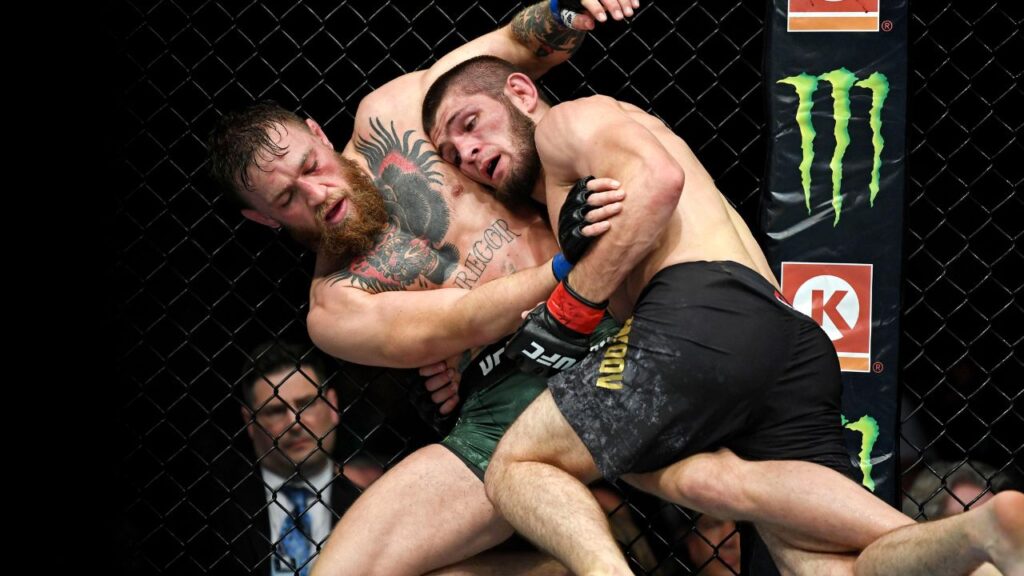 Khabib Nurmagomedov (red gloves) fights Conor McGregor (blue gloves) during UFC 229 at T-Mobile Arena.