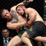 Khabib Nurmagomedov (red gloves) fights Conor McGregor (blue gloves) during UFC 229 at T-Mobile Arena.