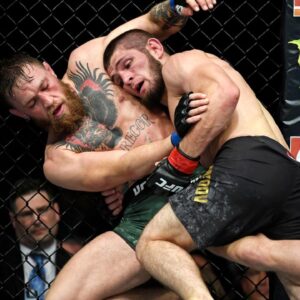 Khabib Nurmagomedov (red gloves) fights Conor McGregor (blue gloves) during UFC 229 at T-Mobile Arena.