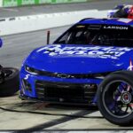 NASCAR Cup Series driver Kyle Larson (5) makes a pit stop during NASCAR All-Star Race at North Wilkesboro Speedway.