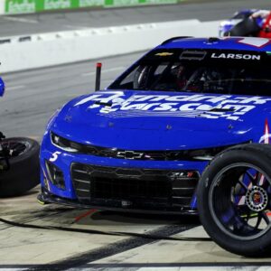 NASCAR Cup Series driver Kyle Larson (5) makes a pit stop during NASCAR All-Star Race at North Wilkesboro Speedway.