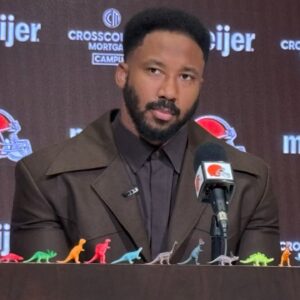 Cleveland Browns defensive end Myles Garrett spoke March 14, 2025, at team headquarters in Berea, Ohio, about signing a historic contract extension. Garrett loves dinosaurs, so his media availability had a theme.