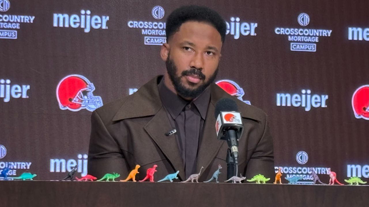 Cleveland Browns defensive end Myles Garrett spoke March 14, 2025, at team headquarters in Berea, Ohio, about signing a historic contract extension. Garrett loves dinosaurs, so his media availability had a theme.