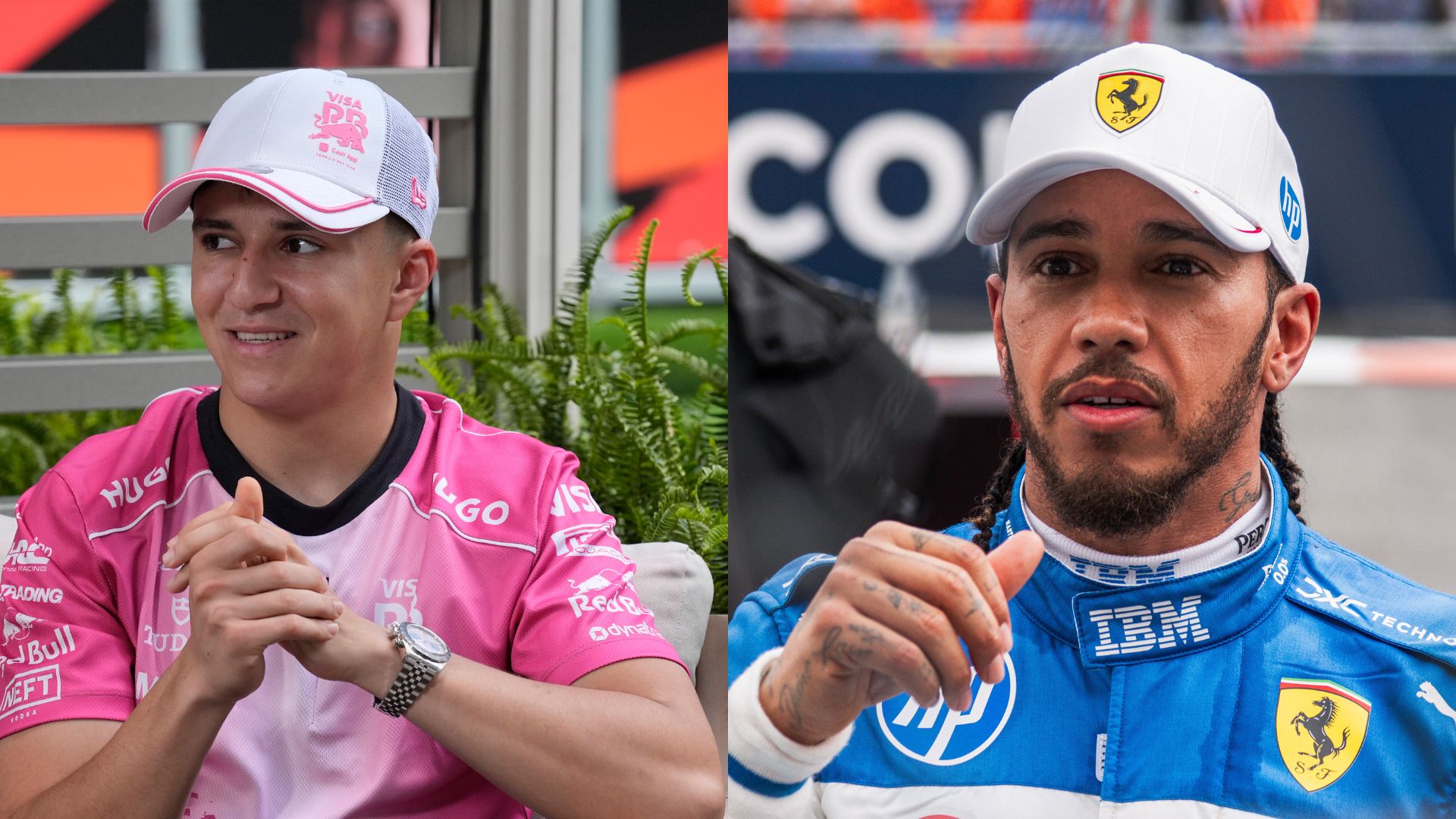 Isack Hadjar (L) and Lewis Hamilton (R)