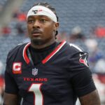 Houston Texans wide receiver Stefon Diggs (1) walks towards the sideline before the game against the Indianapolis Colts at NRG Stadium.