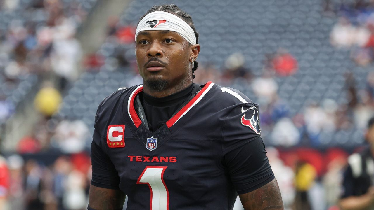 Houston Texans wide receiver Stefon Diggs (1) walks towards the sideline before the game against the Indianapolis Colts at NRG Stadium.