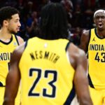 Indiana Pacers forward Aaron Nesmith (23) and guard Tyrese Haliburton (0) and forward Pascal Siakam (43) celebrate during the second half of game five against the Cleveland Cavaliers in the second round for the 2025 NBA Playoffs at Rocket Arena.