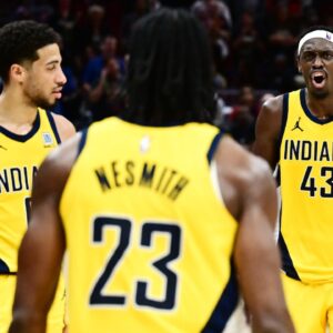 Indiana Pacers forward Aaron Nesmith (23) and guard Tyrese Haliburton (0) and forward Pascal Siakam (43) celebrate during the second half of game five against the Cleveland Cavaliers in the second round for the 2025 NBA Playoffs at Rocket Arena.