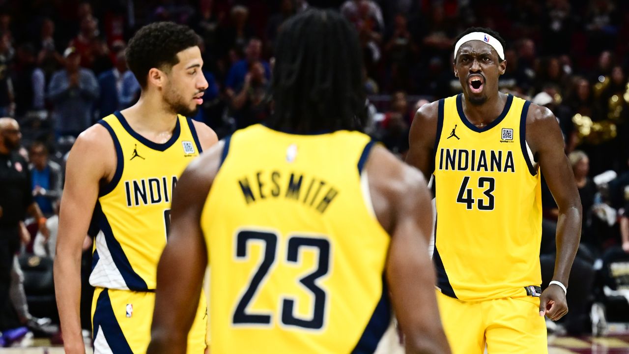Indiana Pacers forward Aaron Nesmith (23) and guard Tyrese Haliburton (0) and forward Pascal Siakam (43) celebrate during the second half of game five against the Cleveland Cavaliers in the second round for the 2025 NBA Playoffs at Rocket Arena.
