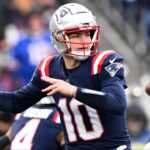 New England Patriots quarterback Drake Maye (10) looks to throw against the Buffalo Bills during the first half at Gillette Stadium.