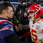 New England Patriots quarterback Tom Brady (12) and Kansas City Chiefs quarterback Patrick Mahomes