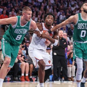 Kristaps Porzingis, OG Anunoby, Jayson Tatum, Celtics v Knicks