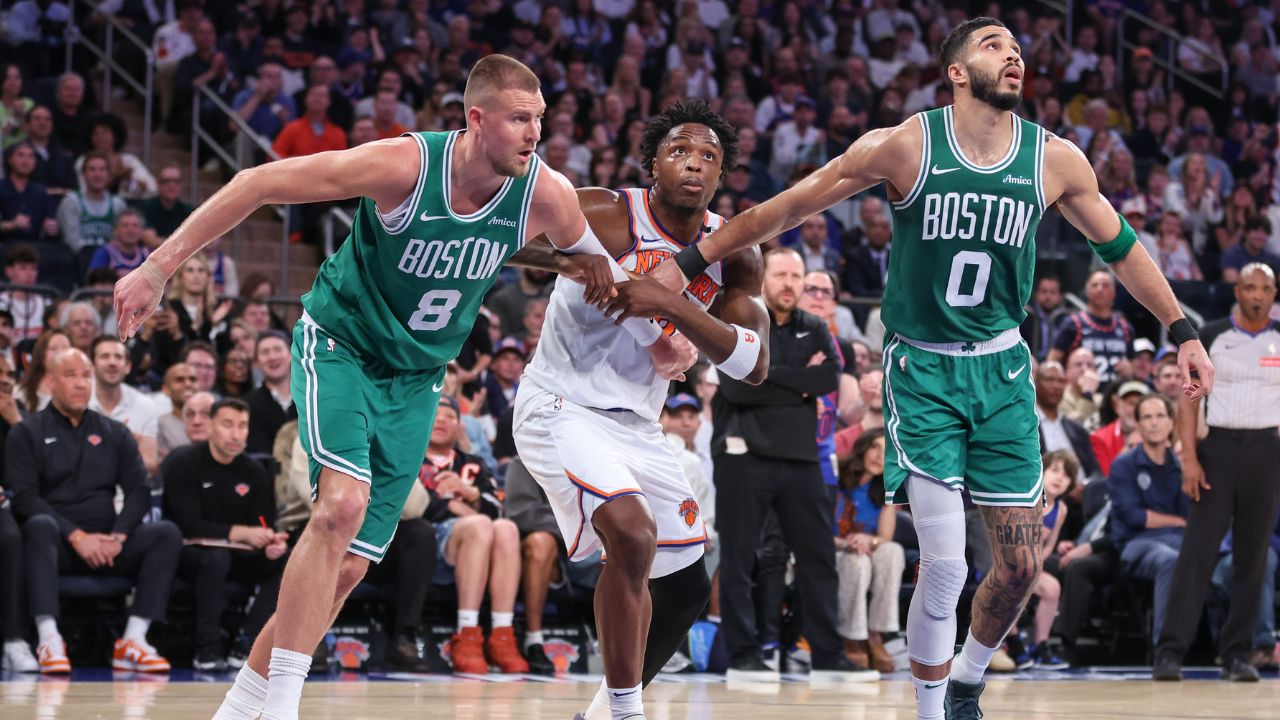 Kristaps Porzingis, OG Anunoby, Jayson Tatum, Celtics v Knicks