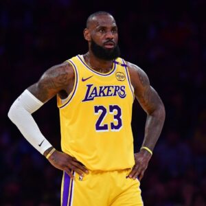 Los Angeles Lakers forward LeBron James (23) reacts during the first half in game five of first round for the 2025 NBA Playoffs at Crypto.com Arena