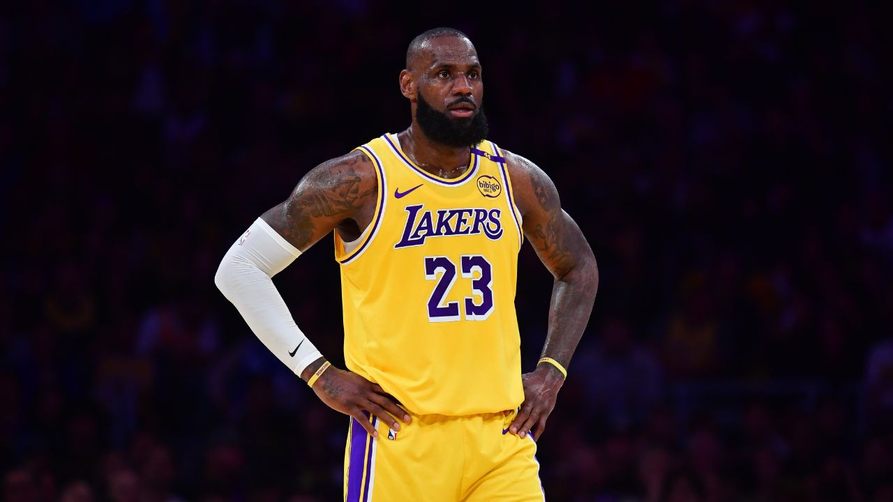 Los Angeles Lakers forward LeBron James (23) reacts during the first half in game five of first round for the 2025 NBA Playoffs at Crypto.com Arena