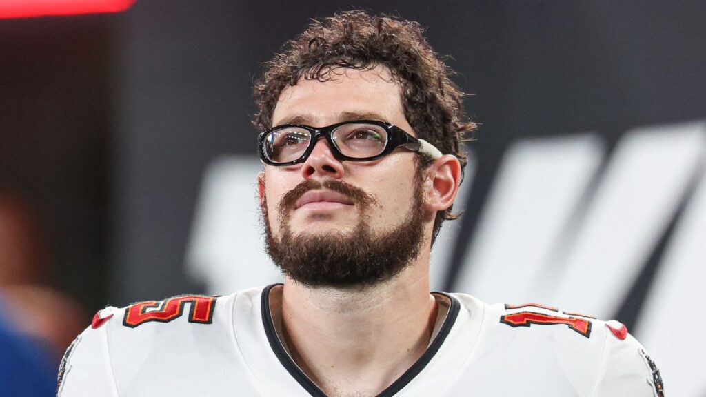 Tampa Bay Buccaneers place kicker Rodrigo Blankenship (15) looks on from the sidelines during the second half against the New York Jets at MetLife Stadium.