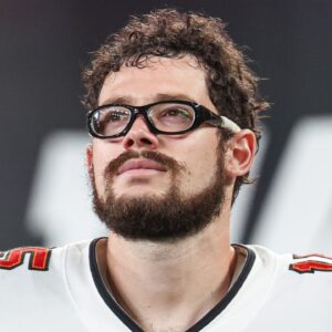 Tampa Bay Buccaneers place kicker Rodrigo Blankenship (15) looks on from the sidelines during the second half against the New York Jets at MetLife Stadium.