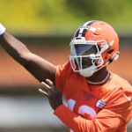 Cleveland Browns quarterback Shedeur Sanders (12) throws a pass during rookie minicamp at CrossCountry Mortgage Campus.