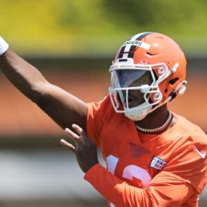 Cleveland Browns quarterback Shedeur Sanders (12) throws a pass during rookie minicamp at CrossCountry Mortgage Campus.
