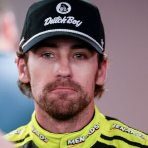 NASCAR Cup Series driver Ryan Blaney (12) talks with media at Darlington Raceway.