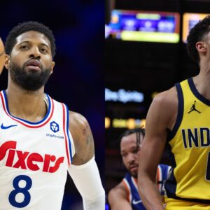 Paul George (L) and Tyrese Haliburton (R)