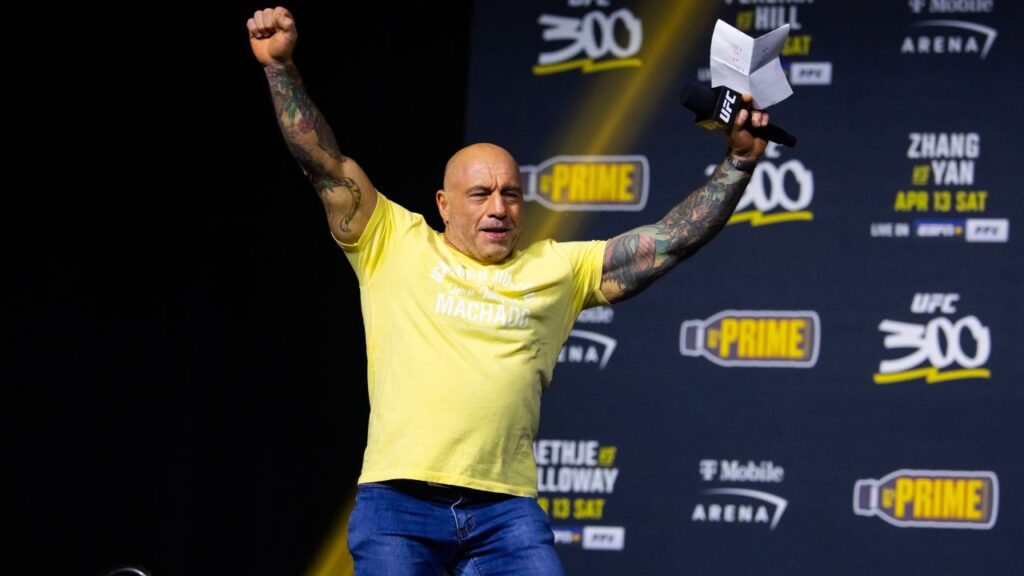 UFC announcer Joe Rogan reacts during ceremonial weigh ins for UFC 300 at MGM Grand Garden Arena.
