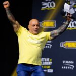 UFC announcer Joe Rogan reacts during ceremonial weigh ins for UFC 300 at MGM Grand Garden Arena.